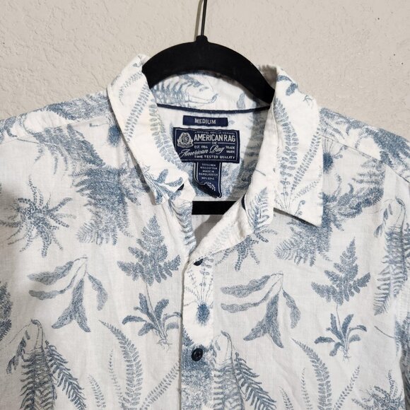 American Rag Shirt Mens Medium White Blue Button Up Short Sleeve Linen Blend - Picture 4 of 16